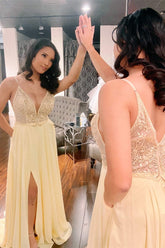 Elegant V-Neck Beaded Yellow Long Prom Dress with Slit